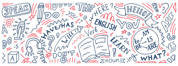 illustrations, cliparts, dessins animés et icônes de anglais. doodle en anglais dessiné à la main - english language