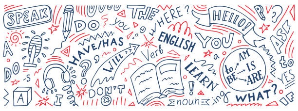 ilustrações, clipart, desenhos animados e ícones de inglês. doodle de língua inglesa desenhado à mão - língua inglesa