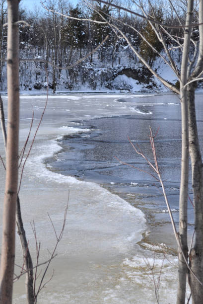 istock Half frozen river on a cold winter day 1354458460