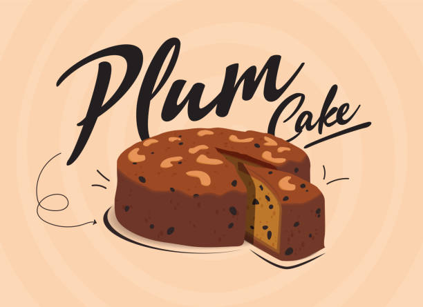 pflaumenkuchen illustration mit cashewnüssen verziert - fruitcake stock-grafiken, -clipart, -cartoons und -symbole