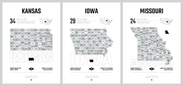 Highly detailed vector silhouettes of US state maps, Division United States into counties, political and geographic subdivisions of a states, West North Central - Kansas, Iowa, Missouri - set 6 of 17 Highly detailed vector silhouettes of US state maps, Division United States into counties, political and geographic subdivisions of a states, West North Central - Kansas, Iowa, Missouri - set 6 of 17 iowa stock illustrations