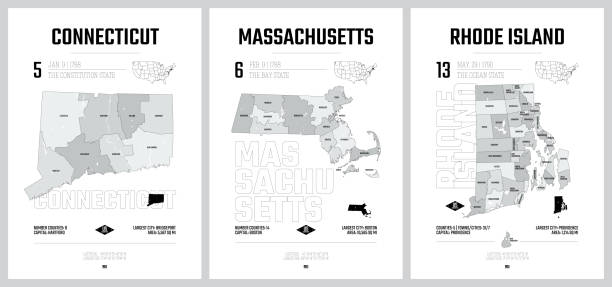 Highly detailed vector silhouettes of US state maps, Division United States into counties, political and geographic subdivisions of a states, New England - Connecticut, Massachusetts, Rhode Island - set 2 of 17 vector art illustration