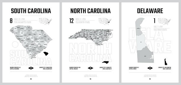 미국 주지도의 매우 상세한 벡터 실루엣, 카운티의 카운티, 정치 및 지리적 세분화로 미국 분할, 사우스 캐롤라이나, 노스 캐롤라이나, 델라웨어 - 설정 9 의 17 - northern atlantic stock illustrations