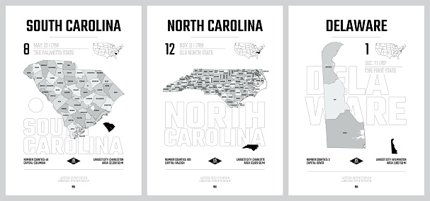 Highly detailed vector silhouettes of US state maps, Division United States into counties, political and geographic subdivisions of a states, South Atlantic - South Carolina, North Carolina, Delaware - set 9 of 17