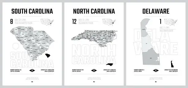 Vector illustration of Highly detailed vector silhouettes of US state maps, Division United States into counties, political and geographic subdivisions of a states, South Atlantic - South Carolina, North Carolina, Delaware - set 9 of 17
