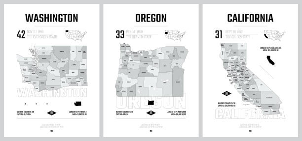 hochdetaillierte vektorsilhouetten von us-bundesstaatenkarten, einteilung der vereinigten staaten in countys, politische und geographische unterteilungen eines staates, pazifik - washington, oregon, kalifornien - satz 16 von 17 - san francisco bay area community residential district california stock-grafiken, -clipart, -cartoons und -symbole