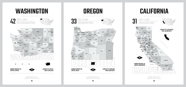 米国の州地図の非常に詳細なベクトルシルエット、州へのディビジョン米国、州の政治的および地理的な細分化、太平洋 - ワシントン、オレゴン、カリフォルニア州 - 17の16セット - washington state state map outline点のイラスト素材／クリップアート素材／マンガ素材／アイコン素材