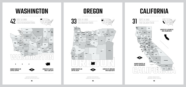 Highly detailed vector silhouettes of US state maps, Division United States into counties, political and geographic subdivisions of a states, Pacific - Washington, Oregon, California - set 16 of 17