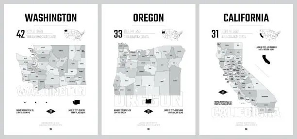 Vector illustration of Highly detailed vector silhouettes of US state maps, Division United States into counties, political and geographic subdivisions of a states, Pacific - Washington, Oregon, California - set 16 of 17
