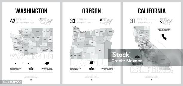 Highly Detailed Vector Silhouettes Of Us State Maps Division United States Into Counties Political And Geographic Subdivisions Of A States Pacific Washington Oregon California Set 16 Of 17向量圖形及更多地圖圖片