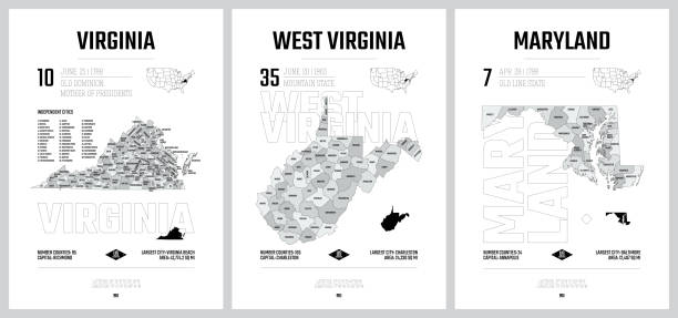 bardzo szczegółowe sylwetki wektorowe map stanów usa, podział stanów zjednoczonych na hrabstwa, podział polityczny i geograficzny stanów, południowy atlantyk - wirginia, wirginia zachodnia, maryland - zestaw 8 z 17 - maryland map vector shape stock illustrations