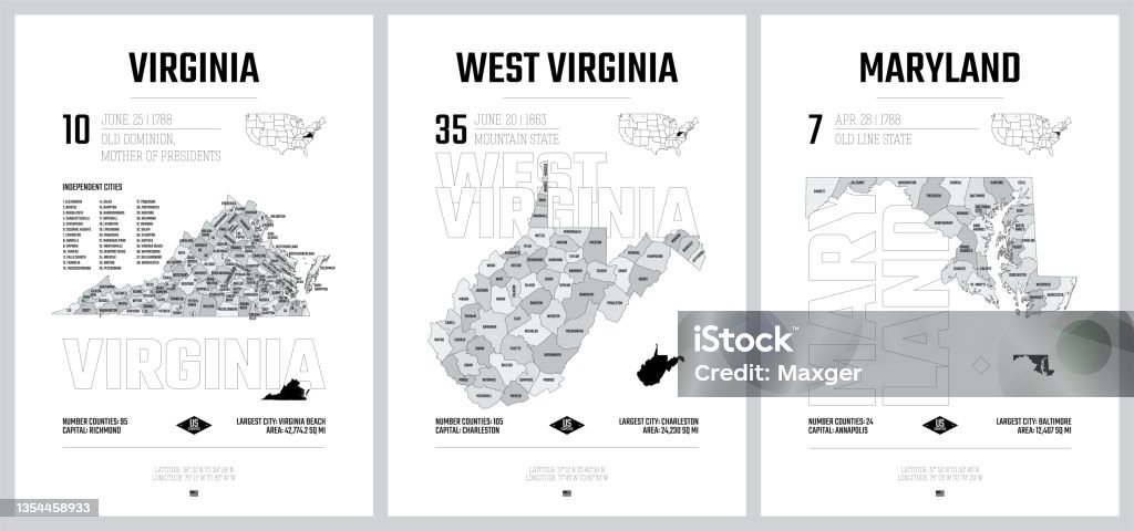 Highly detailed vector silhouettes of US state maps, Division United States into counties, political and geographic subdivisions of a states, South Atlantic - Virginia, West Virginia, Maryland - set 8 of 17 Map stock vector