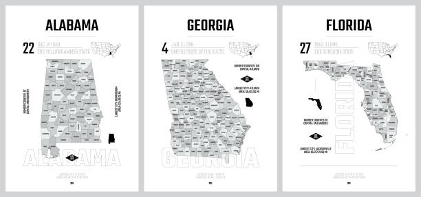 illustrazioni stock, clip art, cartoni animati e icone di tendenza di sagome vettoriali altamente dettagliate di mappe di stato degli stati uniti, divisione stati uniti in contee, suddivisioni politiche e geografiche di uno stato, sud atlantico e east south central - alabama, georgia, florida - set 10 di 17 - east midlands illustrations