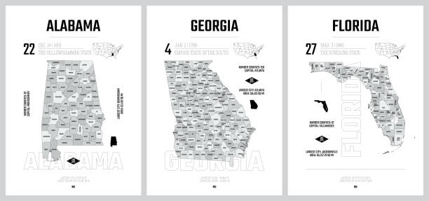 Highly detailed vector silhouettes of US state maps, Division United States into counties, political and geographic subdivisions of a states, South Atlantic and East South Central - Alabama, Georgia, Florida - set 10 of 17 Highly detailed vector silhouettes of US state maps, Division United States into counties, political and geographic subdivisions of a states, South Atlantic and East South Central - Alabama, Georgia, Florida - set 10 of 17 georgia us state stock illustrations