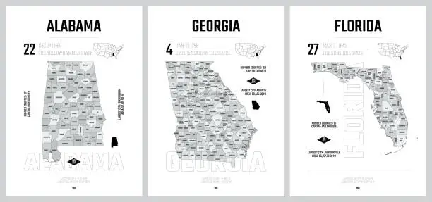 Vector illustration of Highly detailed vector silhouettes of US state maps, Division United States into counties, political and geographic subdivisions of a states, South Atlantic and East South Central - Alabama, Georgia, Florida - set 10 of 17