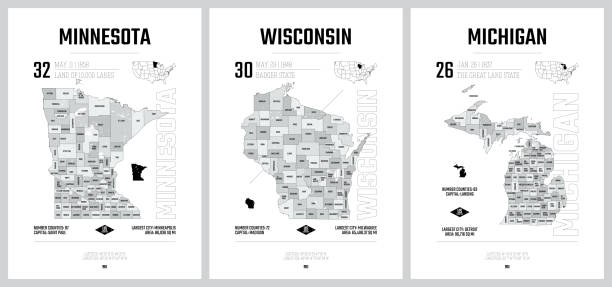 Highly detailed vector silhouettes of US state maps, Division United States into counties, political and geographic subdivisions of a states, The Great Lakes region - Minnesota, Wisconsin,  Michigan - set 5 of 17 Highly detailed vector silhouettes of US state maps, Division United States into counties, political and geographic subdivisions of a states, The Great Lakes region - Minnesota, Wisconsin,  Michigan - set 5 of 17 minnesota map stock illustrations