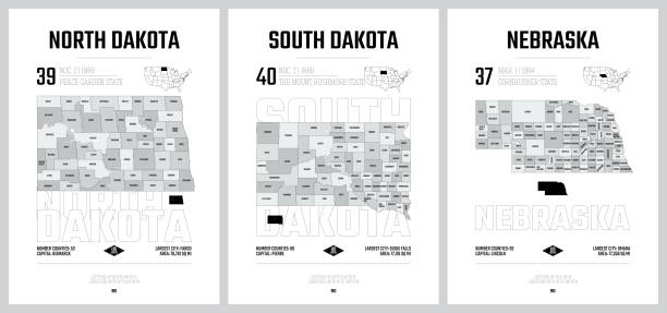 bardzo szczegółowe sylwetki wektorowe map stanów usa, podział stanów zjednoczonych na hrabstwa, podział polityczny i geograficzny stanów, west north central - dakota północna, dakota południowa, nebraska - zestaw 7 z 17 - map dakota south dakota north stock illustrations