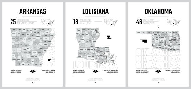 illustrations, cliparts, dessins animés et icônes de silhouettes vectorielles très détaillées de cartes d’états américains, division des états-unis en comtés, subdivisions politiques et géographiques d’un état, centre-sud ouest - arkansas, louisiane, oklahoma - ensemble 12 de 17 - oklahoma map state vector