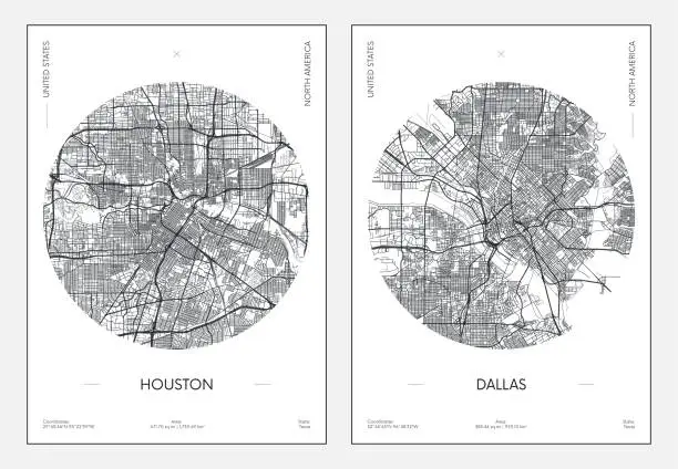 Vector illustration of Travel poster, urban street plan city map Houston and Dallas, vector illustration
