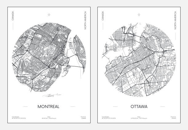 Travel poster, urban street plan city map Montreal and Ottawa, vector illustration vector art illustration