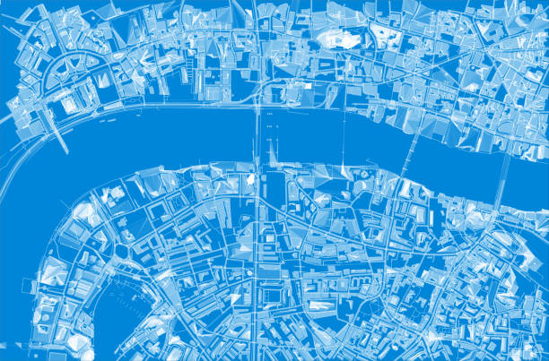 ilustrações de stock, clip art, desenhos animados e ícones de top view of central london, plexus effect, hologram and map of the city, streets and buildings - map the future of civilization