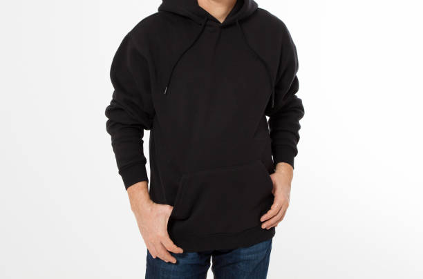Man posing in black sweatshirt, black hoodies front isolated, mock up