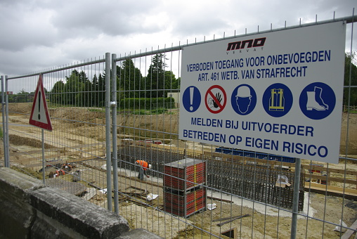 Nuth, the Netherlands, - June 20, 2014. Preparing reinforcement steel for a concrete bridge construction in the country.