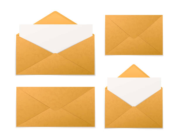 istock Set of realistic brown kraft paper envelopes with sheets in different sizes on white 1354464076