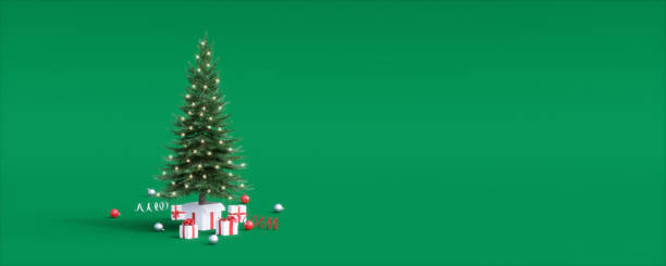 istock Decorated Christmas tree and gifts on green background with copy space 3d render 1354465516