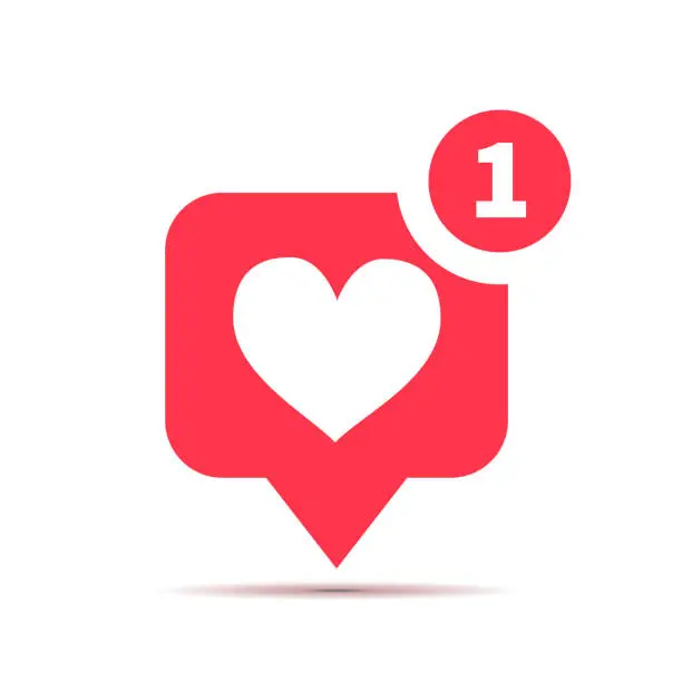Vector illustration of One new like red icon, social media heart piktogram isolated on white