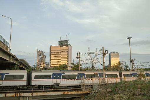 Sunset In İzmir Metro Train Hilal Station,Train On The Move, Rail Road Tracks