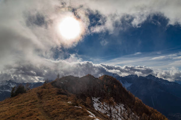 trekking an einem bewölkten herbsttag in den dolomiti friulane, friaul-julisch venetien - cloud day friuli venezia giulia pine tree stock-fotos und bilder