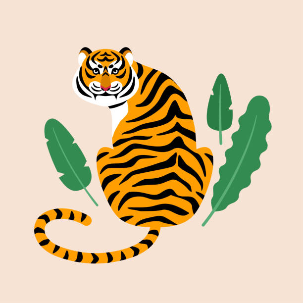 ilustrações, clipart, desenhos animados e ícones de tigre selvagem com folhas tropicais - seated tiger