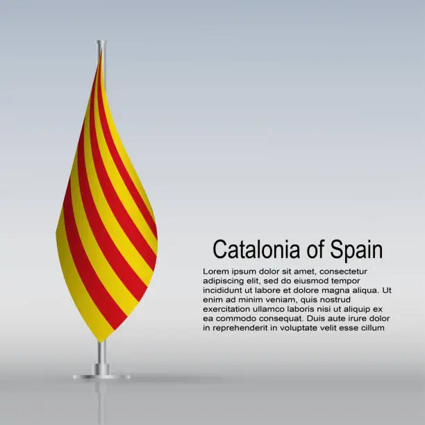 Vector illustration of Flag of Catalonia of Spain hanging on a flagpole stands on the table
