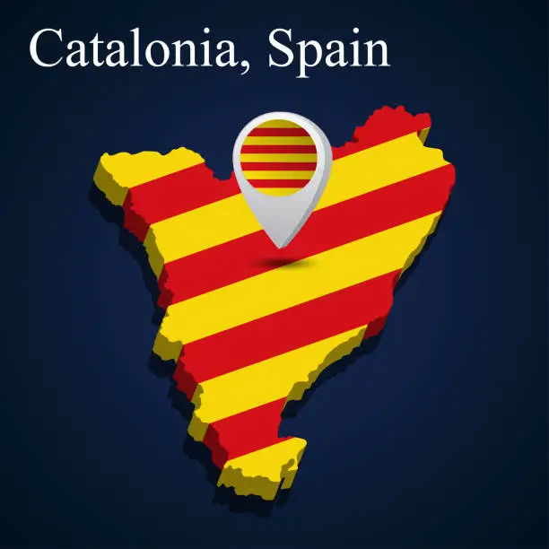 Vector illustration of Flag of Catalonia of Spain on map on dark background.