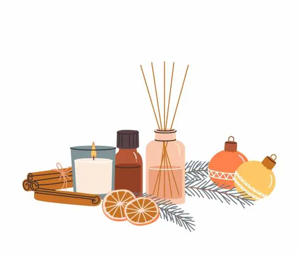 Vector illustration of Composition with aromatherapy accessories with essential oils.