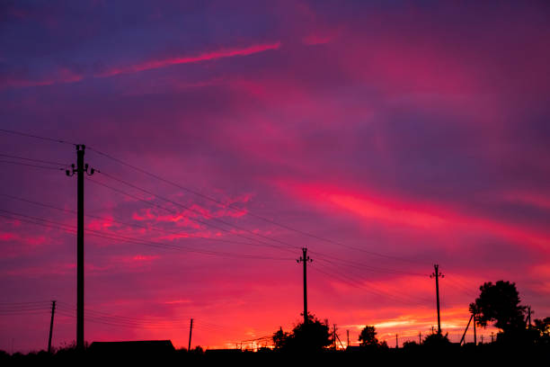 Red sunset over the village