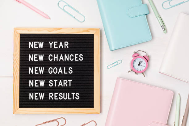 istock Letter board with motivation text new year, chances, goals, start, results. New year celebration idea 1354475329