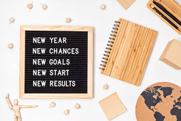istock Letter board with motivation text new year, chances, goals, start, results. New year celebration and resolutions idea. Flat lay with message board, planner and office supplies 1354475391