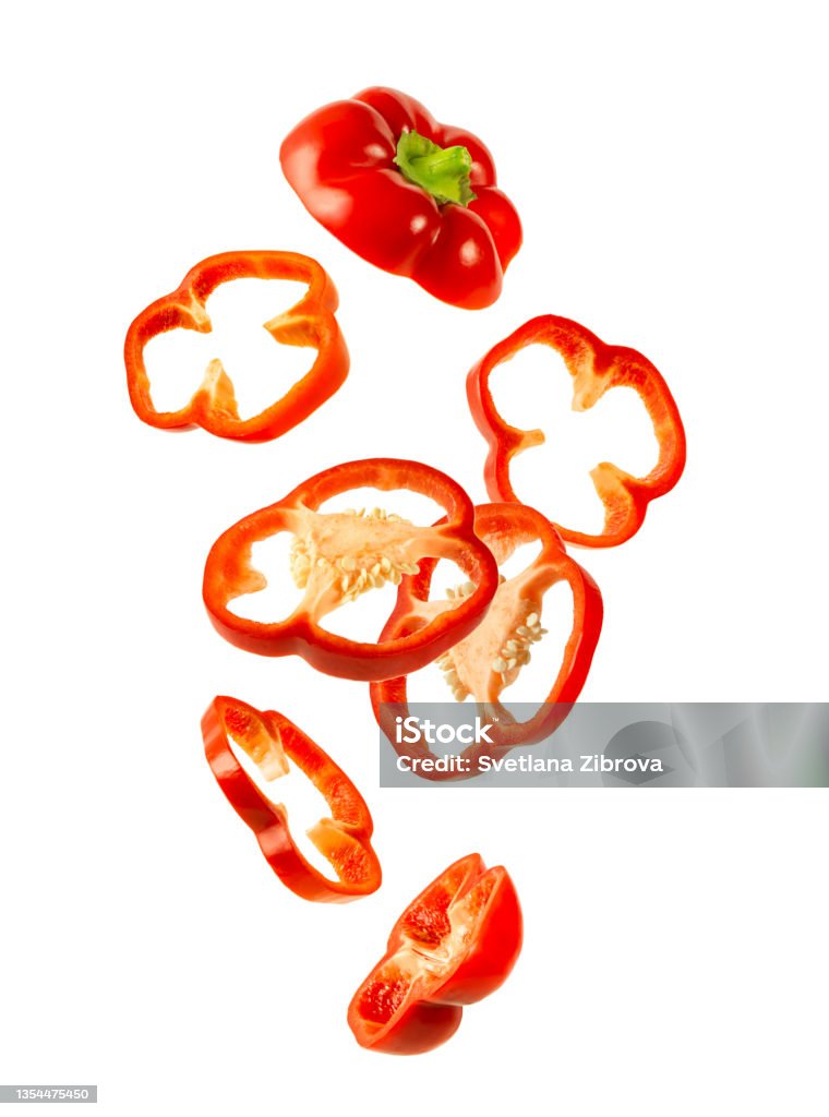 Levitation of red bell pepper isolated on white background. Pepper - Vegetable Stock Photo