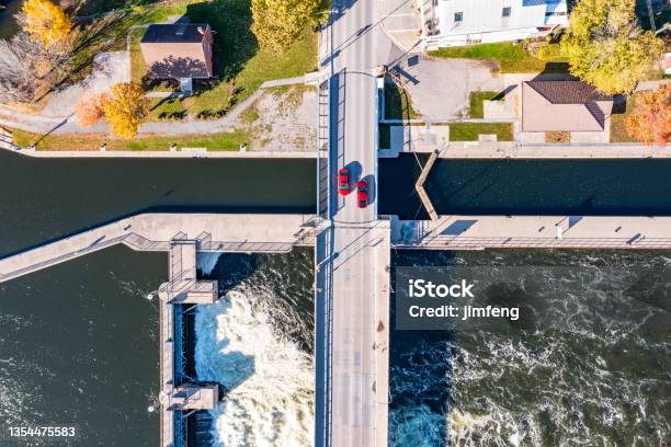 Aerial Townscape And Trent River Hastings Canada Stock Photo - Download Image Now - Aerial View, Canada, Canal Lock