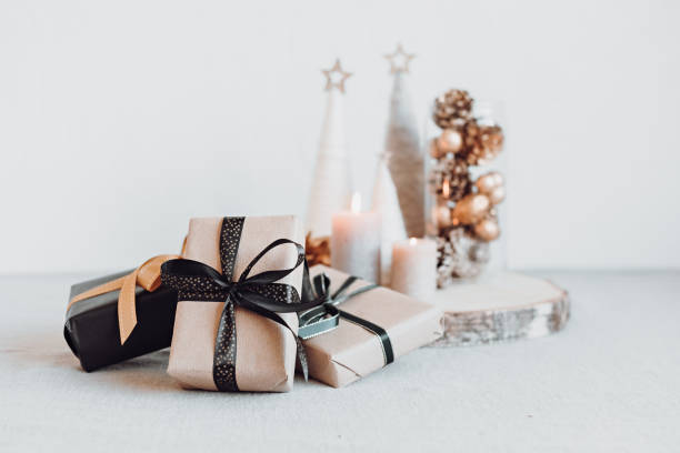 istock Christmas background with gift boxes and minimalist christmas decoration. Xmas celebration, greetings 1354475587