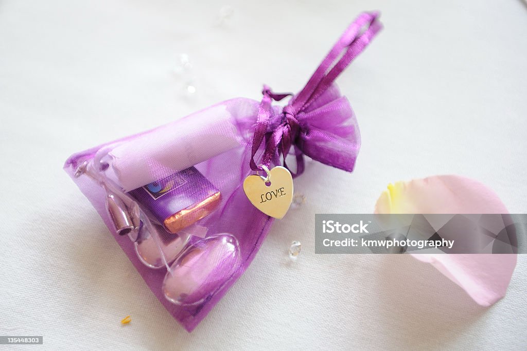 Goody bag at wedding reception. Goody bag at wedding reception. Purple color. Bag Stock Photo