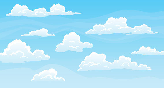 Sky with fluffy clouds on sunny day. Cartoon summer time with blue cloudscape. Paradise heaven background.