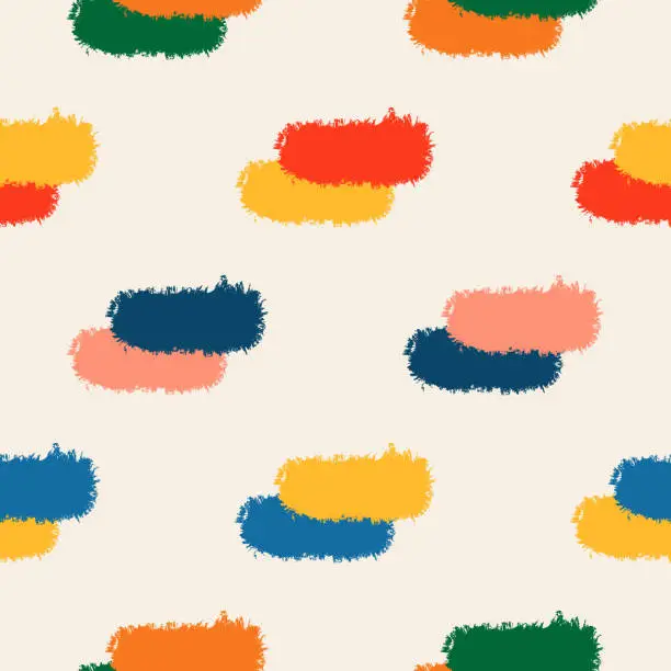 Vector illustration of Seamless pattern with colorful blob brush strokes. Hand drawn retro style wallpaper. Doodle design with long messy splashes.