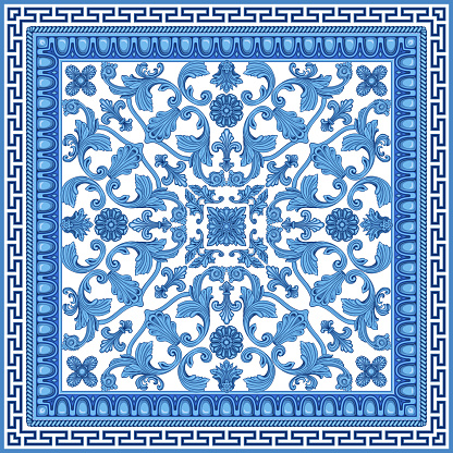 Baroque scrolls rosette, indigo blue Greek key pattern, meander border frieze, carved frame on a white background. Scarf, bandana blue print, neckerchief, pocket handkerchief, carpet