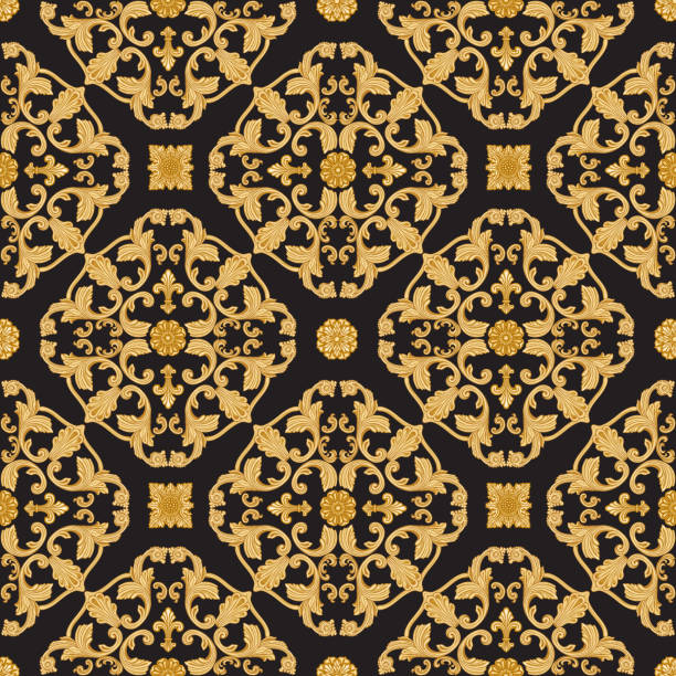 ilustrações de stock, clip art, desenhos animados e ícones de vector seamless damask pattern from golden baroque scrolls, acanthus leaf and floral elements on a black background - pattern backgrounds classical style baroque style