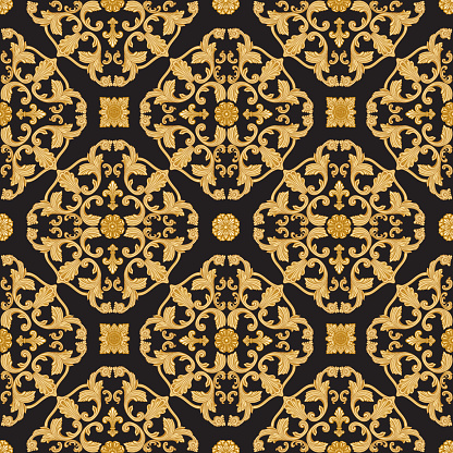 Vector seamless Damask pattern from golden Baroque scrolls, acanthus leaf and floral elements on a black background. Scarf, bandana, neckerchief, kerchief silk print design, wallpaper, wrapping paper