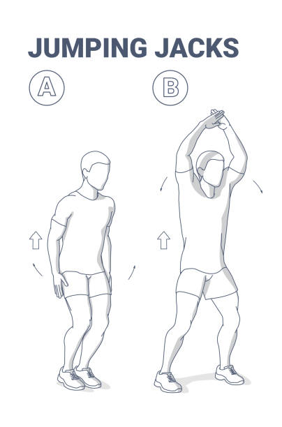Jumping Jacks Exercise for Fitness Junkie Man. Star Jumps. Jacked Male Does the Side Straddle Hop Jumping Jacks Home Workout Exercise Diagram for Fitness Junkie Man. Star Jumps Fitness Illustration. An Athletic Jacked Male in Sportswear Does the Side Straddle Hop Sequentially Guidance Vector. jumping jacks stock illustrations
