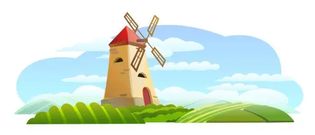 Vector illustration of Green Garden rural farm landscape with windmill. Cute funny cartoon design illustration. Isolated on white background. Flat style. Vector.